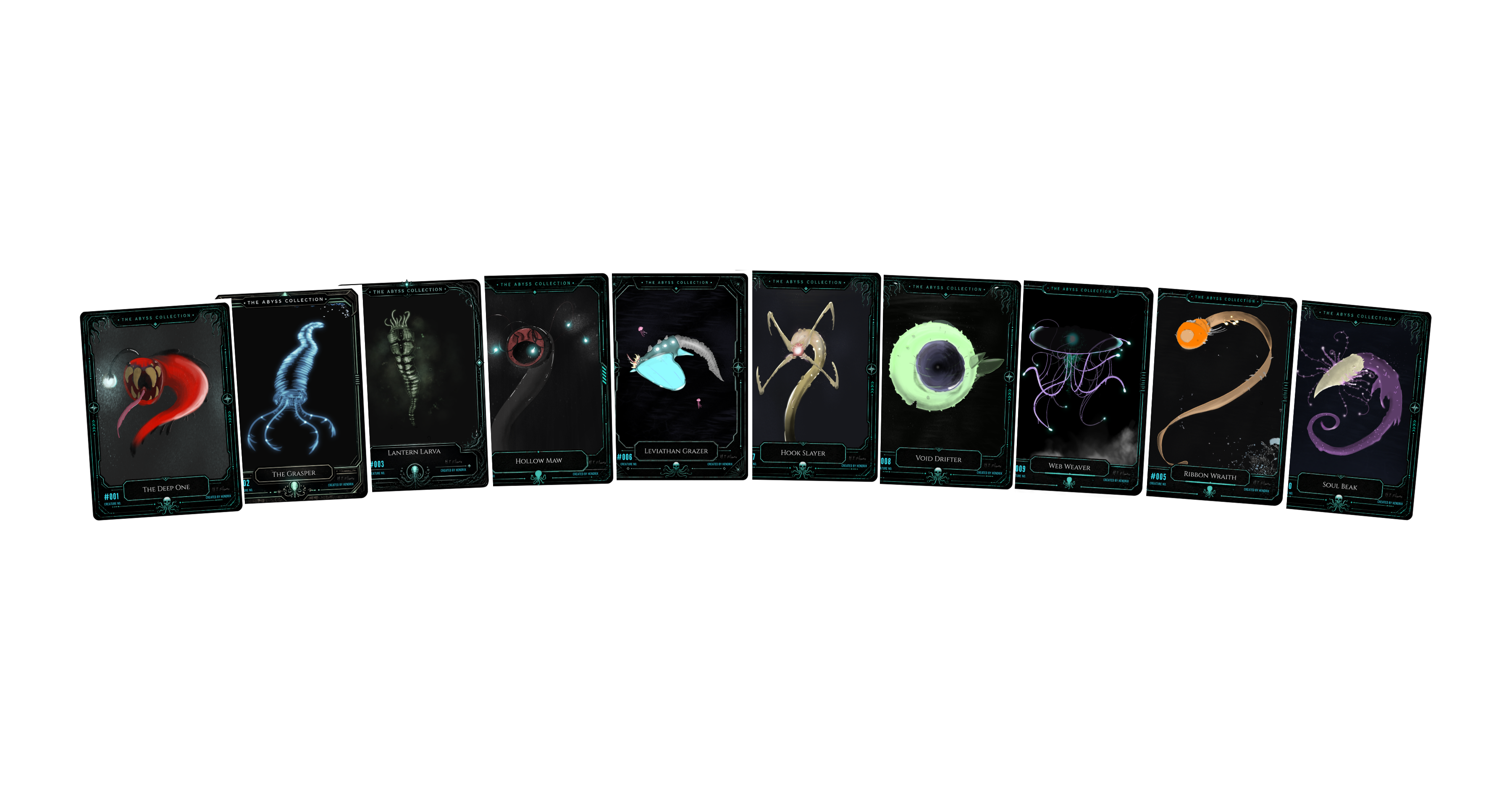 All ten Series One collector cards fanned out, featuring Hendrix's original creature artwork